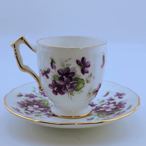 Ansley Fine Bone China Demitasse Cup & Saucer Set Violette Floral Design Gold Tr - Picture 3 of 11